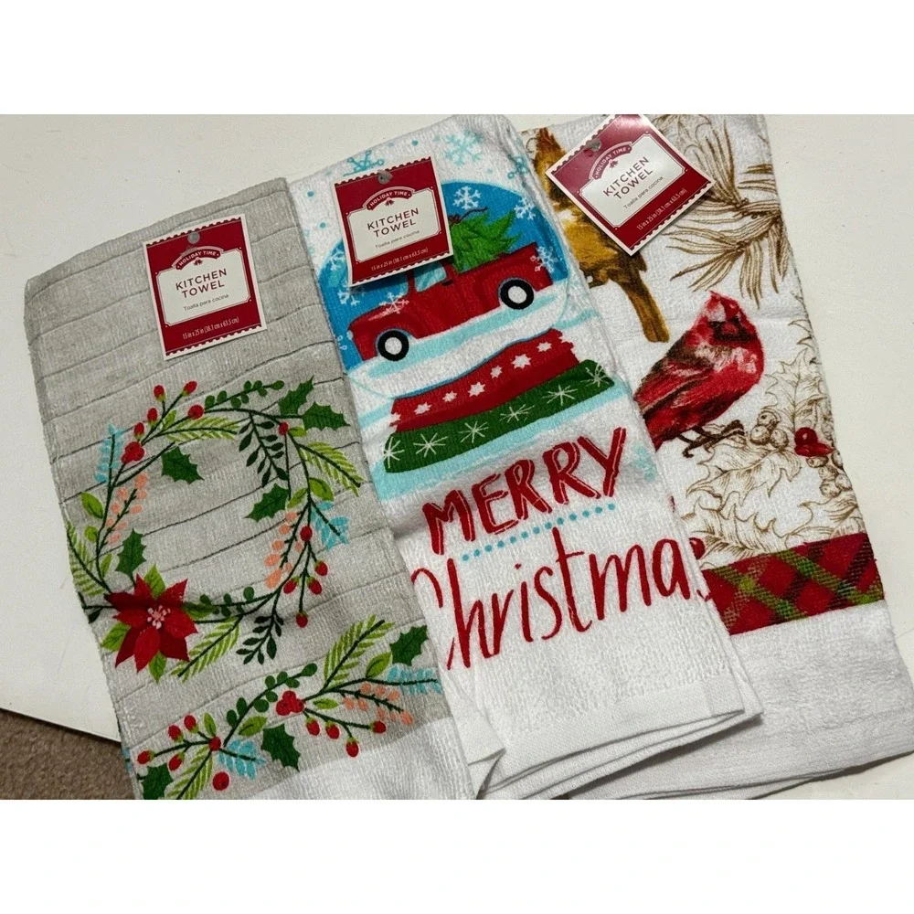 NWT Lot of 3 Christmas Holiday Kitchen Towels Truck‎ Cardinal Birds Wreath